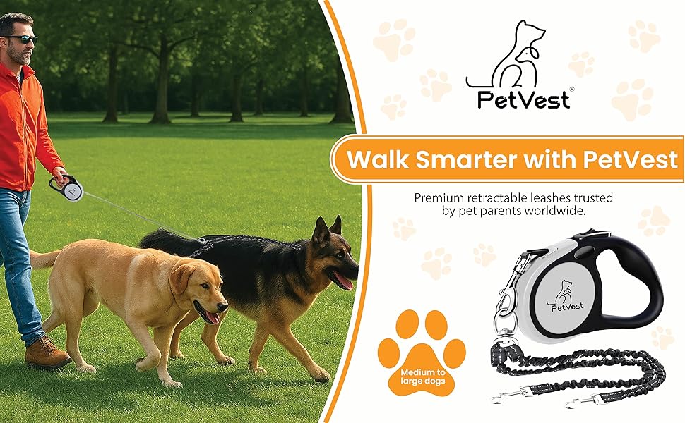 PetVest Dual Retractable Dog Leash,16 FT Tangle-Free, One-Button Brake & Lock, Up to 77 lbs Each