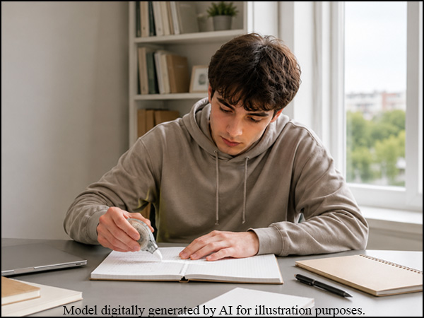 Student at a study desk uses white correction tape on notebook pages for clean edits.