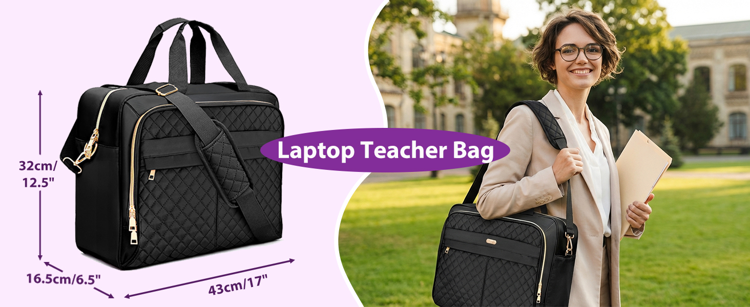 Text reads 'Laptop Teacher Bag' with product measurements. Shows black professional bag with multiple views including being worn outdoors.