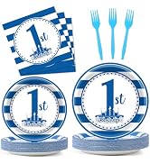 96Pcs Baby First Birthday Party Supplies Boy 1st Birthday Paper Plates Napkins Nautical Blue One ...
