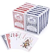 Bicycle brand playing cards showing red and blue deck boxes stacked together, with spread of playing cards displaying traditional card designs.