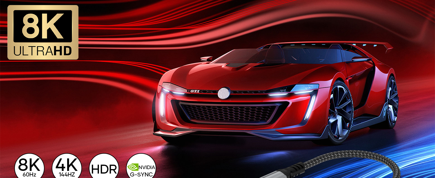 Sleek red concept sports car with futuristic design, shown in dynamic pose against red swirling background. 8K Ultra HD logo and resolution indicators visible.