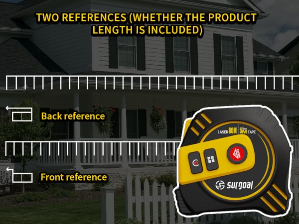 laser measuring tape, black and yellow design, front and back reference display.