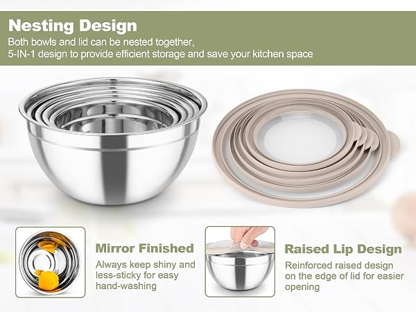 Nesting bowls design for space-efficient storage. Make your kitchen cooking much effortless