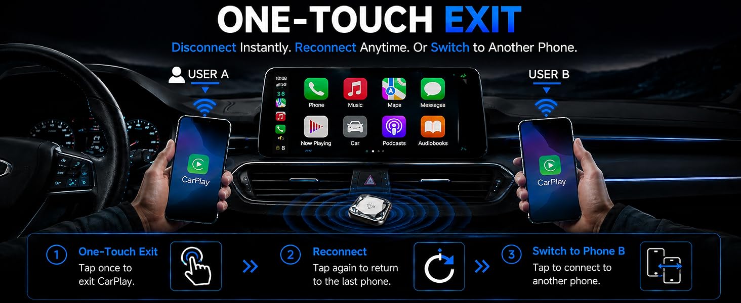 Wireless CarPlay Adapter for iPhone, Android Auto Adapter, One Click Switch | 5GHz WiFi Bluetooth