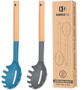 Pack of 2 Spaghetti Spoon, Silicone Pasta Fork with Wooden Handle, Heat Resistant Noodle Spoon Se...