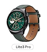 Text reads 'Lite3 Pro'. Smartwatch with round face featuring green display, black case, and dark green leather strap with contrast stitching.