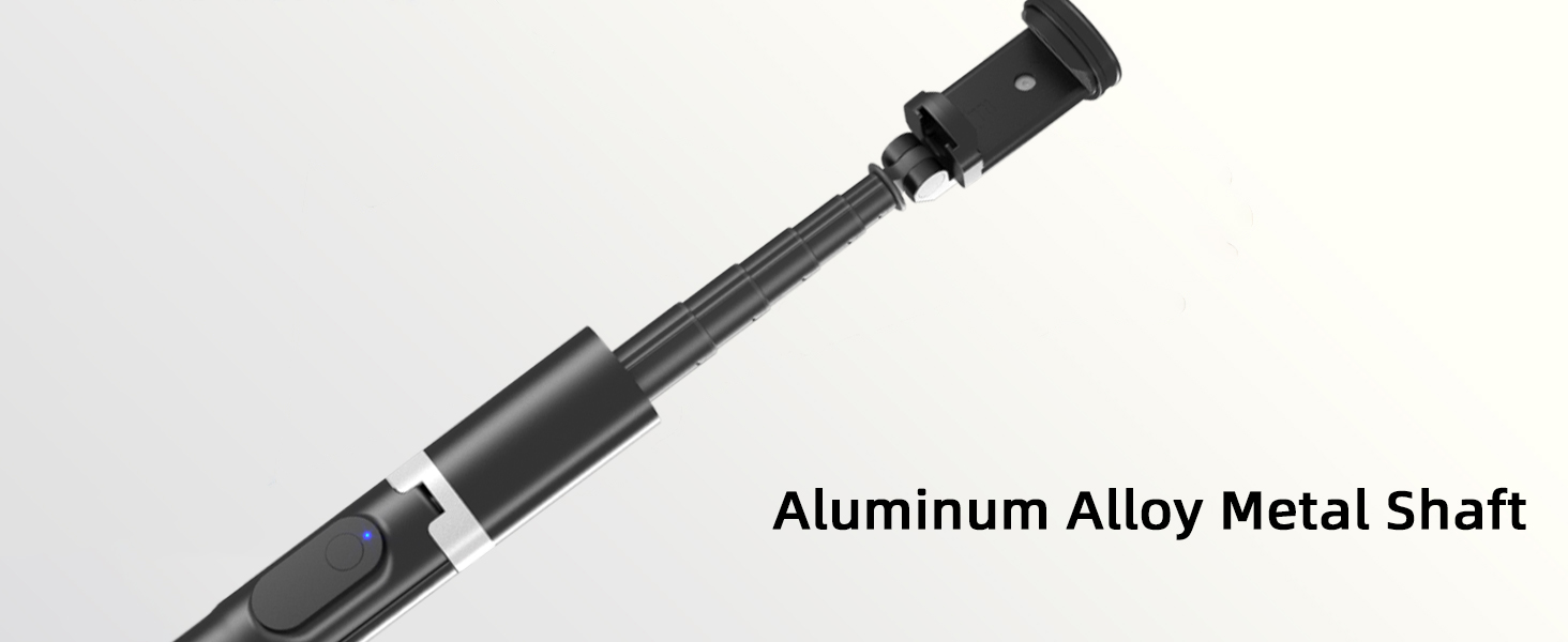 Text reads 'Aluminum Alloy Metal Shaft'. Close-up of a black extendable or telescoping metal shaft or pole device shown against white background.