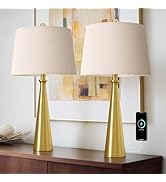 Oneach 25.75" Modern Table Lamp Set of 2, Bedside Lamps with USB Ports, Brass Gold Nightstand Lam...