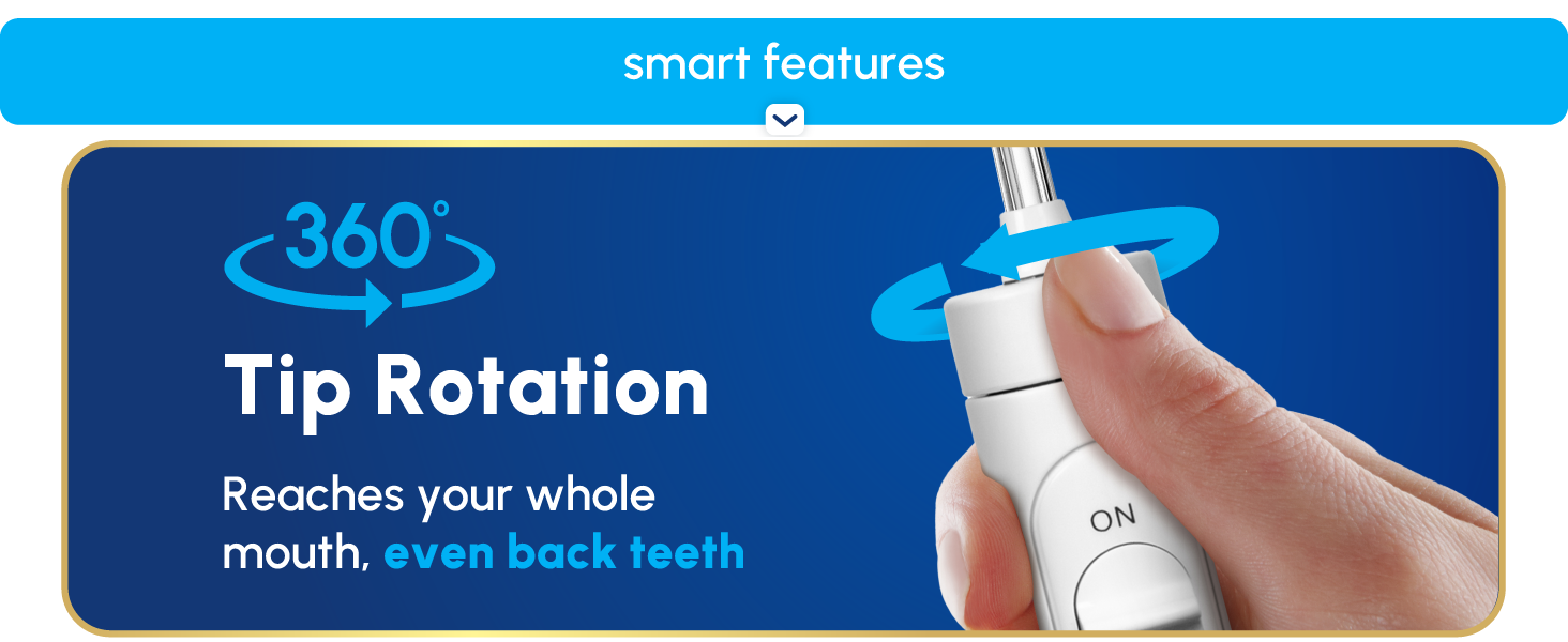 Image of Waterpik teeth flosser tip with text reading three hundred sixty tip rotation.