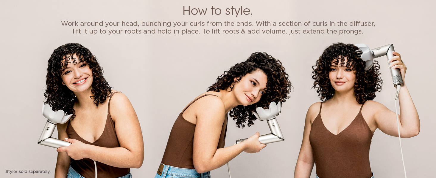 How to style. Work around your head, bunching your curls from the ends. curls diffuser