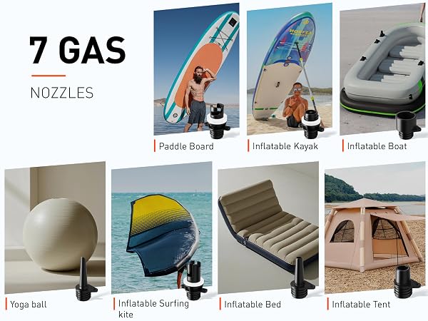 Composite image showcasing seven inflatable water sports products: paddle board, kayak, boat, yoga ball, surfing kite, bed, and tent. Each item is paired with a gas nozzle for inflation.