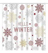 chiazllta Shower Curtain Christmas Snowflake Winter Fabric Red Gold Xmas Shower Curtain for Holid...