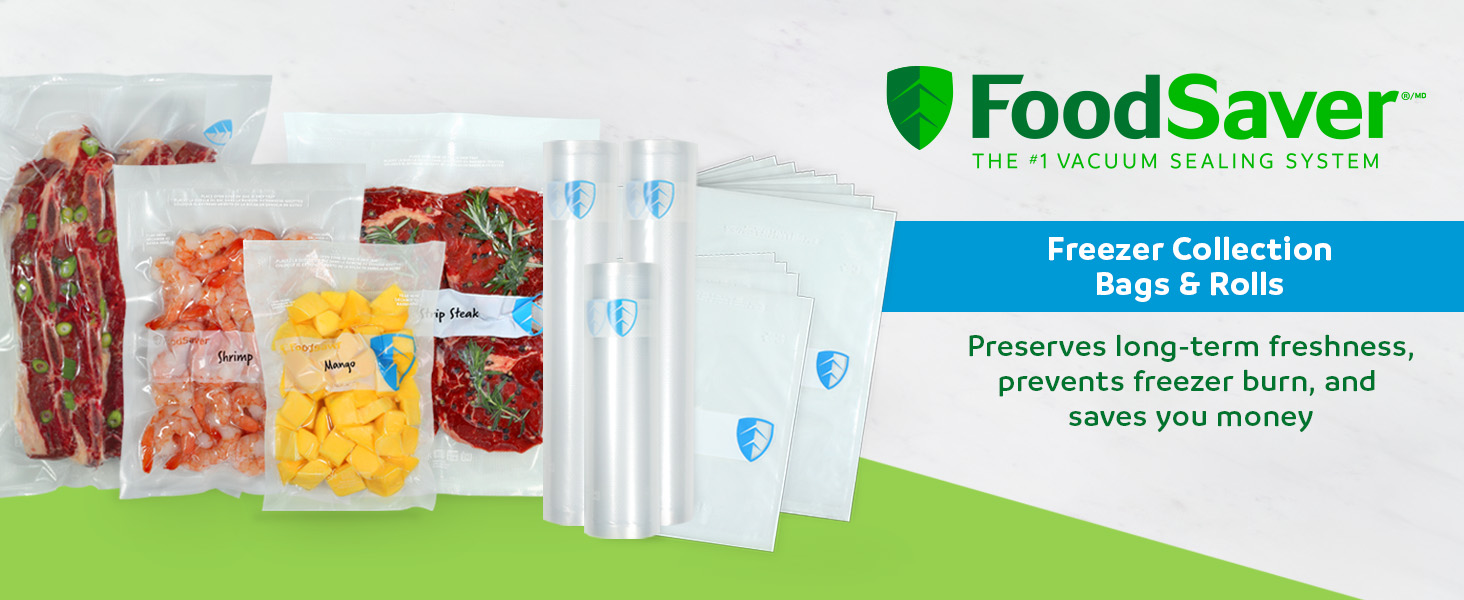 Array of vacuum-sealed food items and food saver rolls