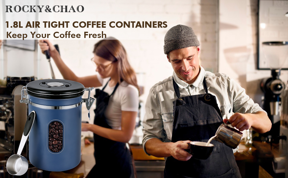 Rocky & Chao 1.8L airtight coffee container in blue with viewing window and measuring spoon, designed to keep coffee fresh.