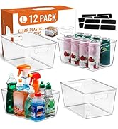 12 PACK LARGE Clear Storage Bins with Handles & Labels, Multiuse Plastic Pantry Organizer Bins fo...