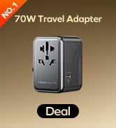 Text reads '70W Travel Adapter'. Product image showing a white power adapter with multiple plug configurations and 'Deal' text overlay.