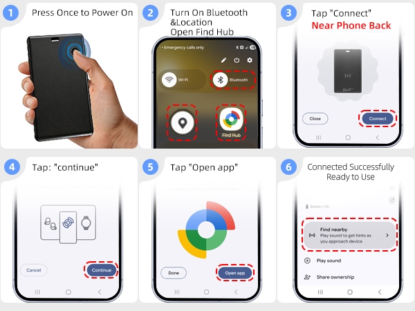 Six-step guide to pair the T2 tracker card with Google Find Hub on an Android phone