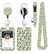 Badge Holder Cute Vintage Groovy Flowers Floral Tropical Green ID Lanyard Retractable Badge Reel ...