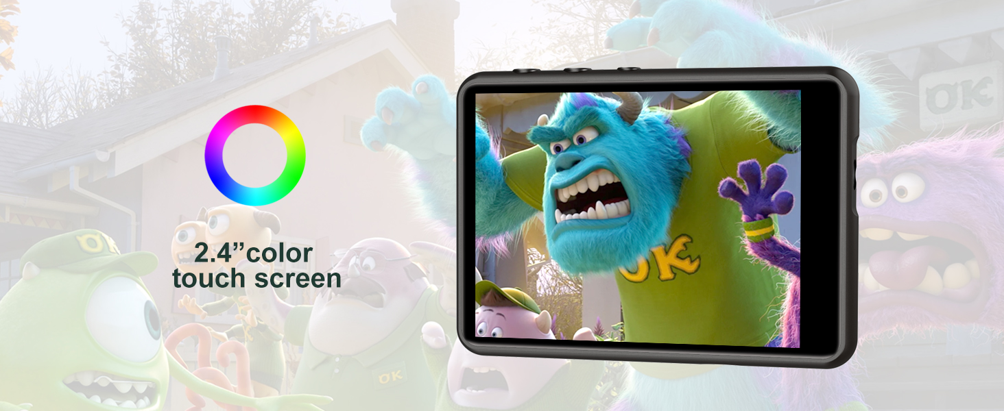 Portable device with 2.4" color touch screen displaying animated character. Text overlay indicates screen specifications.