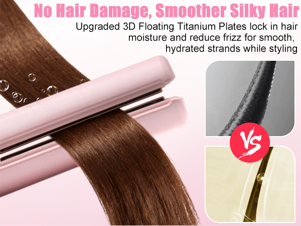 Text reads 'No Hair Damage, Smoother Silky Hair'. Split image showing hair styling process with product demonstration on dark hair.