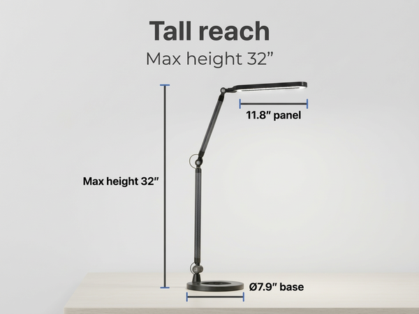adjustable LED desk lamp showing dimensions with tall reach and compact base
