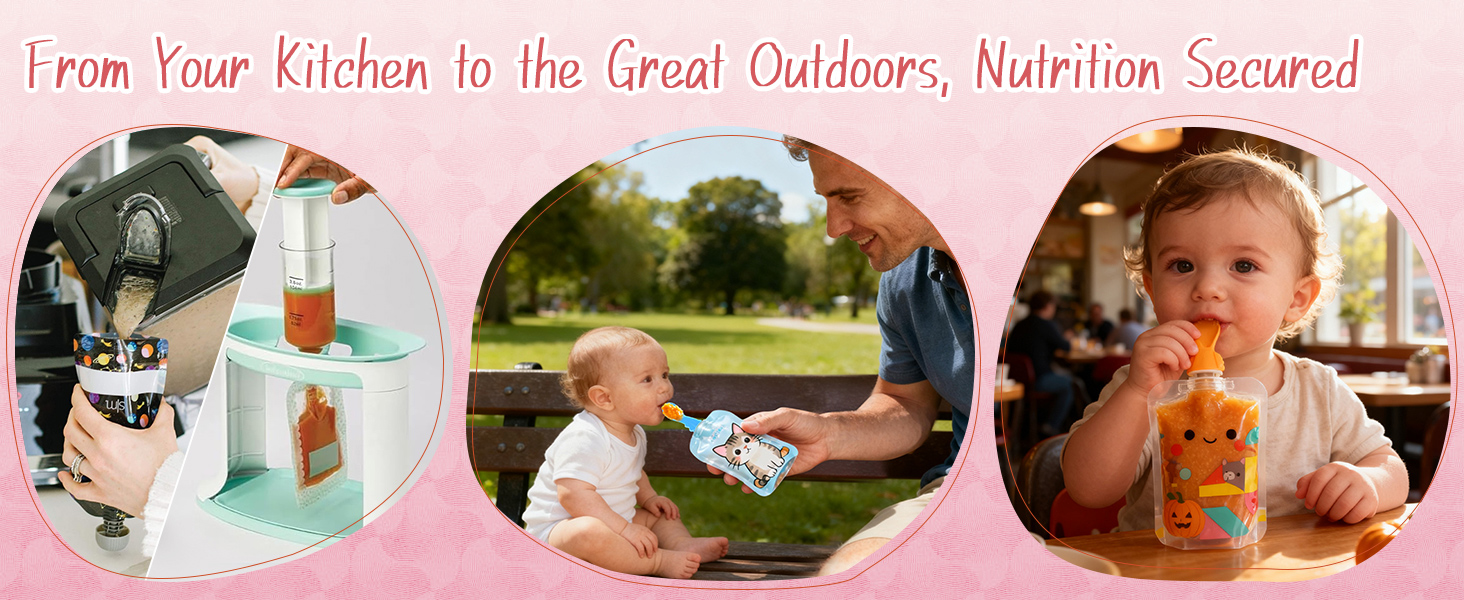 A triptych of care: from kitchen creation to joyful outdoor feeding and confident self-feeding.