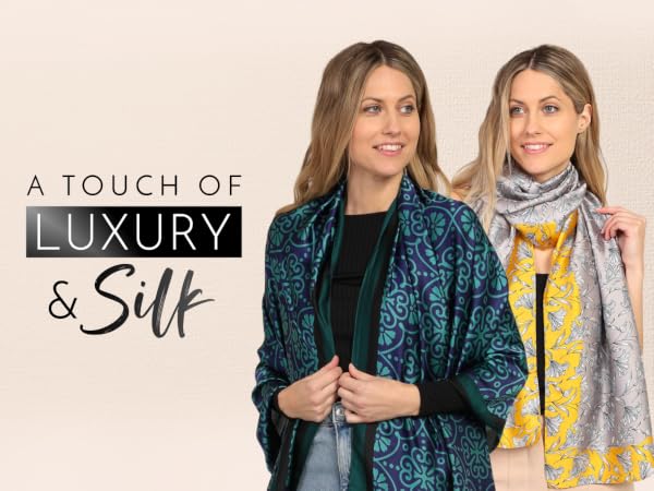 Text reads 'A TOUCH OF LUXURY & SILK'. Series of fashion product photos showing clothing items in blue and yellow tones.