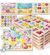 SYNARRY Wooden Puzzles for Toddlers 1-3, 6XSET Toddlers Puzzles Ages 1-3 with Rack, Learning Alph...