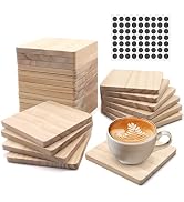 24 PCS Unfinished Square Wood Coasters, SIJDIEE 4 Inch Blank Wooden Craft Coasters with Non-Slip ...