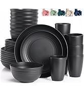 Wheat Straw Dinnerware Sets for 8,Black Plates and Bowls Sets,Plastic Reusable Dishwasher Safe fo...
