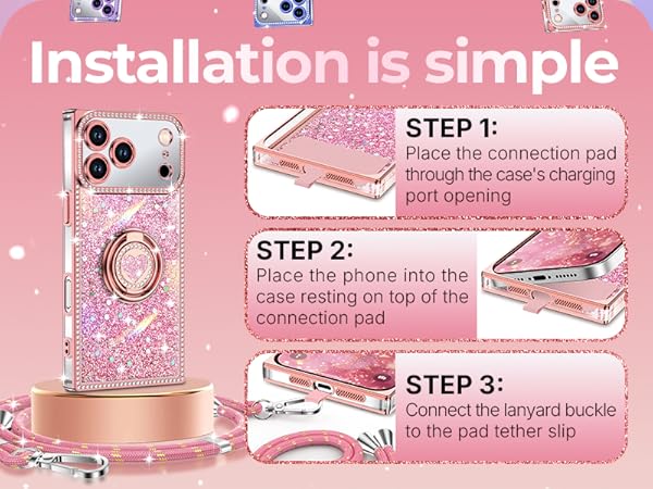XYZ for iPhone 17 Pro max Case, Glitter Bling Phone Cover with 2-Ring Heart Stand & Lanyard
