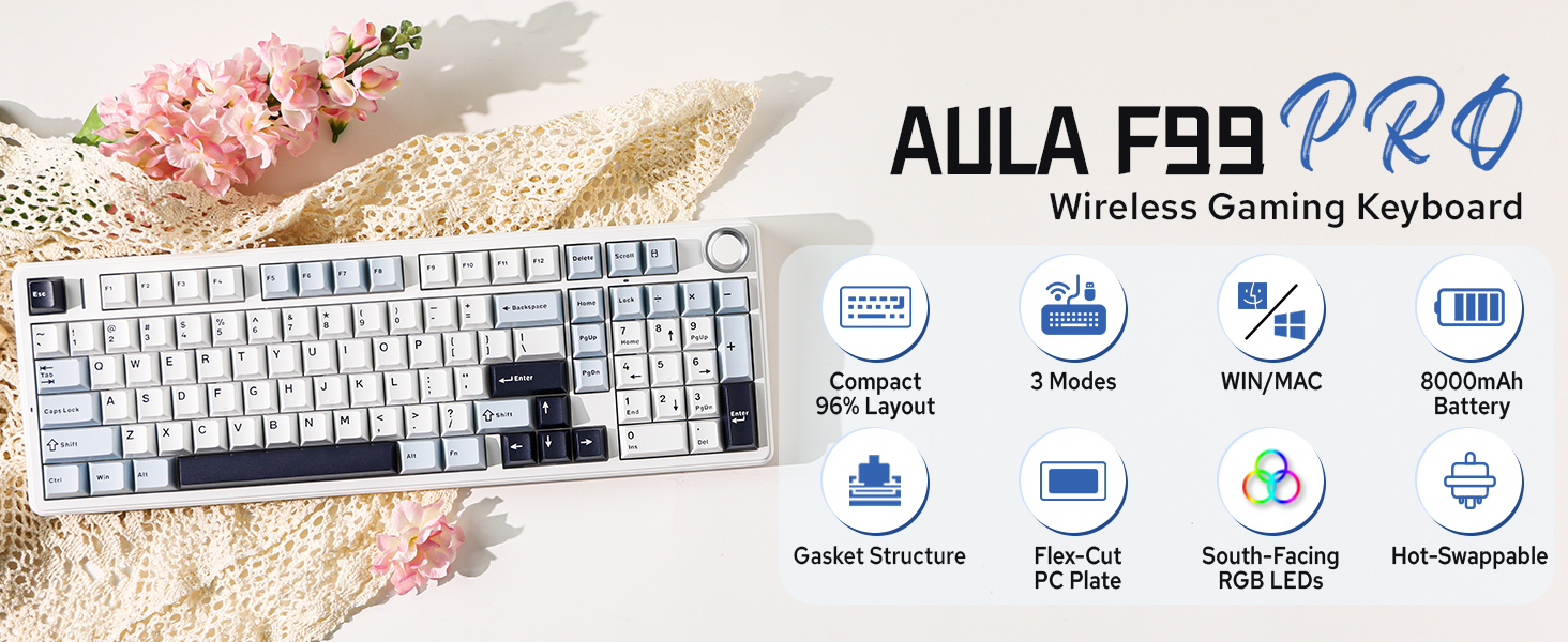 Text reads 'AULA F99 PRO' with 'Keyboard' label and multiple specification icons displayed. White mechanical keyboard with black keys, shown with decorative floral elements.
