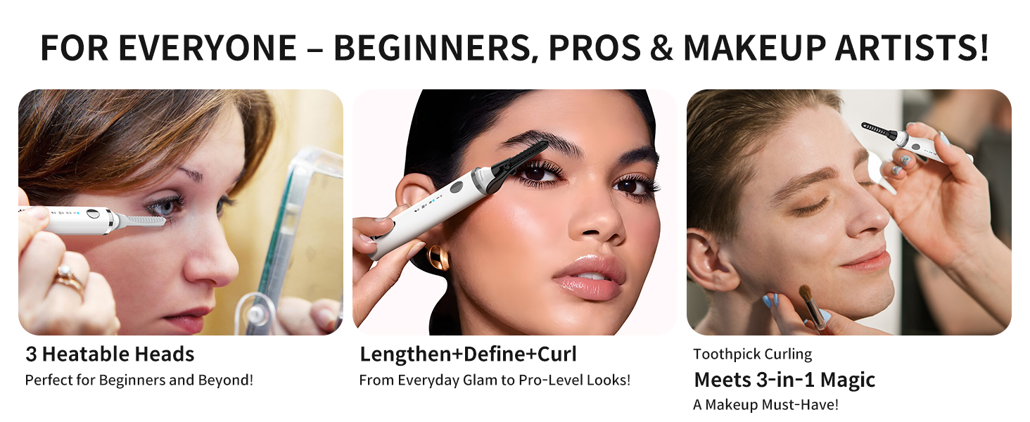 Makeup tool with interchangeable heads for various beauty applications. Features three panels showing different uses: heating, lengthening lashes, and multi-functional makeup application.