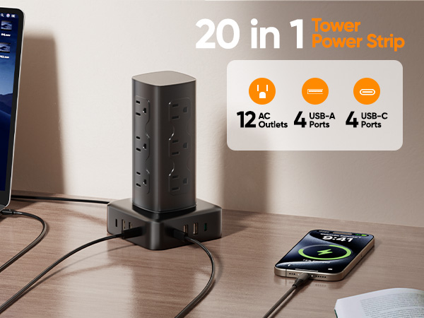 Tower Power Strip Surge Protector, Charging Station Tower