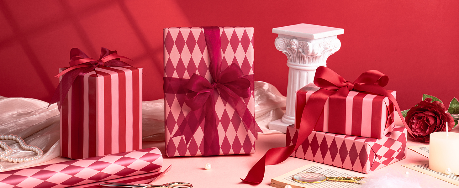 Red and Pink Stripes and Diamond Pattern Reversible Wrapping Paper