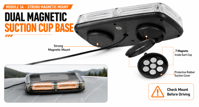 Dual Magnetic Suction Cup Base Strong Magnetic Mount amber led light
