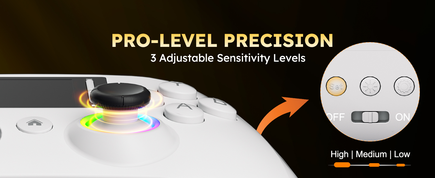 This remote controller,The button on the back can adjust the 3 sensitivities of the joystick