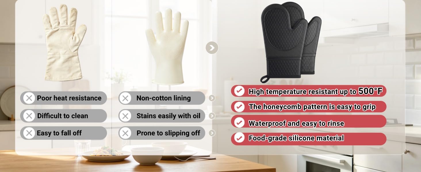 Superior totraditional gloves! 500°F heat resistant, waterproof & food-grade silicone protection