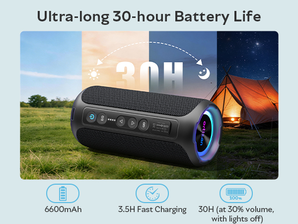 up to 30-hour battery life at 30% volume, with lights off