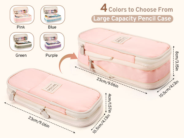 Large capacity pencil case in pink, with dimensions shown. Four color options displayed: pink, blue, green, and purple. Case features two compartments and a zipper closure.
