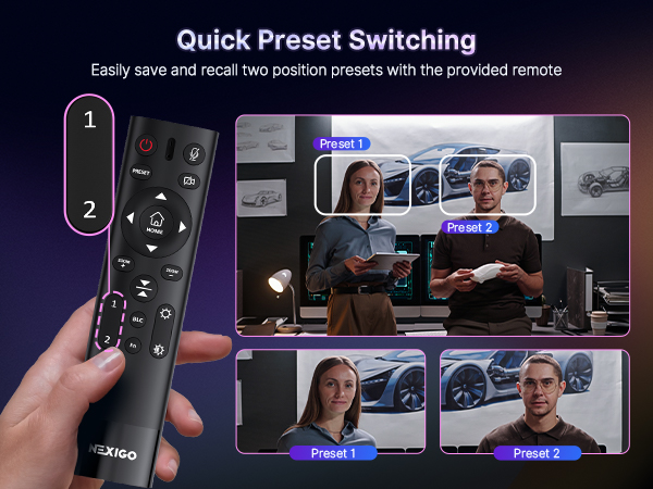 Hand close-up: One-click switch between presets via remote.
