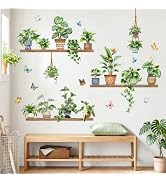 Tanlaby Tropical Potted Plant Wall Decals Hanging Plants Wall Stickers | Leaves Butterflies Peel ...