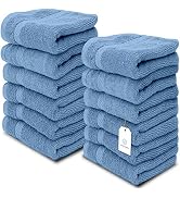 White Classic Luxury Cotton Washcloths - Large Hotel Spa Bathroom Face Towel | 12 Pack | Light Blue