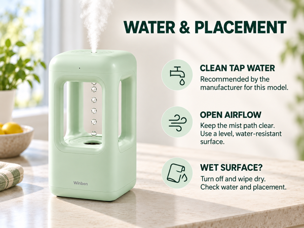 Green WINBEN humidifier: clean tap water, open airflow and wet-surface care