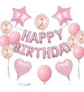 WEIKA 27 Pcs Pink Birthday Decorations, 3D Foil Pink Happy Birthday Balloon Banner, Pentagram Hea...