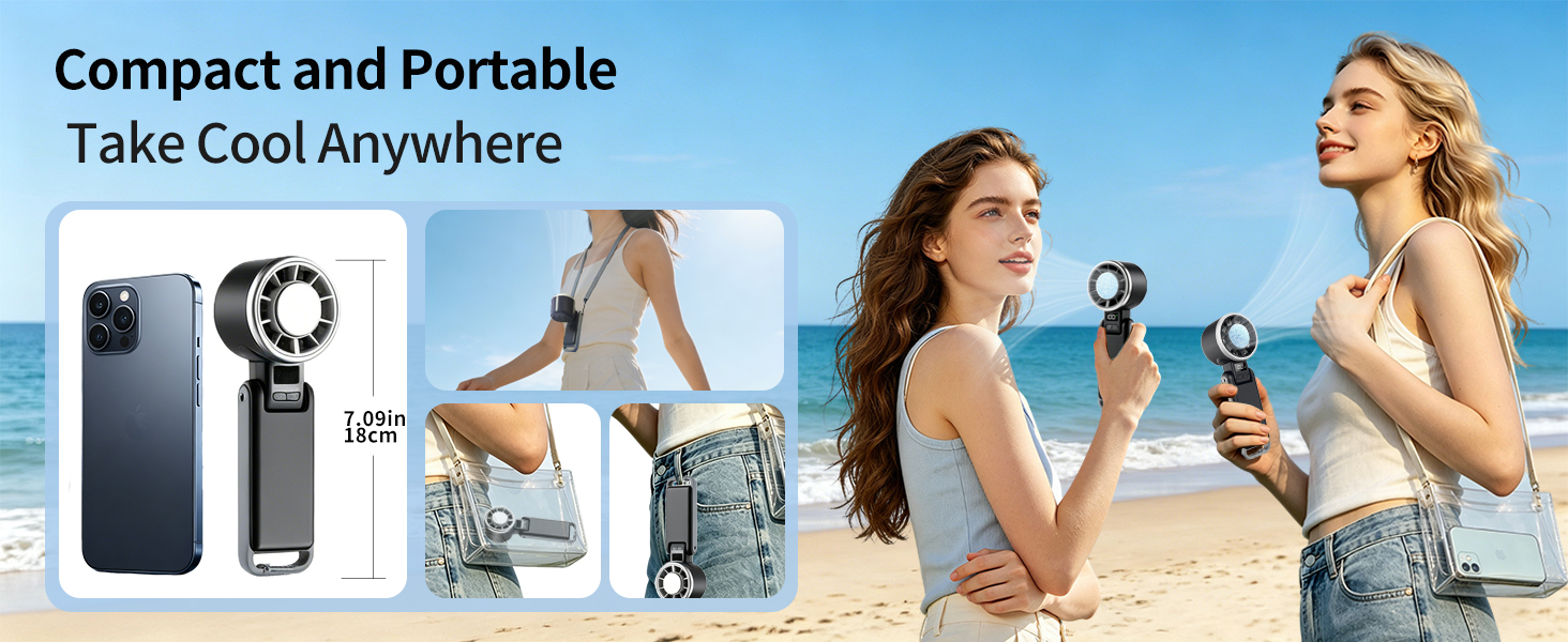 Text reads 'Compact and Portable Take Cool Anywhere'. Two women at beach demonstrating portable cooling device with display panels showing product components and usage scenarios.