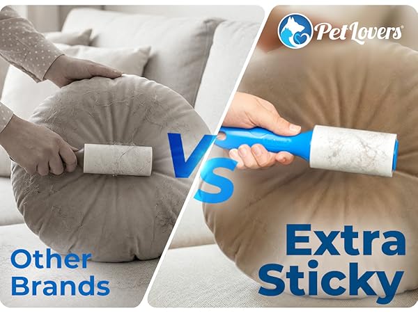 Pet hair removal comparison: Other Brands lint roller vs PetLovers Extra Sticky roller on cushion.