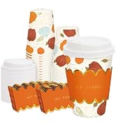 Whaline 50Pcs Fall Coffee Cups with Lids Sleeves 12Oz Pumpkin Leaves Paper Cups Autumn Disposable...