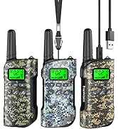 Three military-style walkie-talkies in different camouflage patterns - digital grey, snow, and woodland, each with LCD screen display.